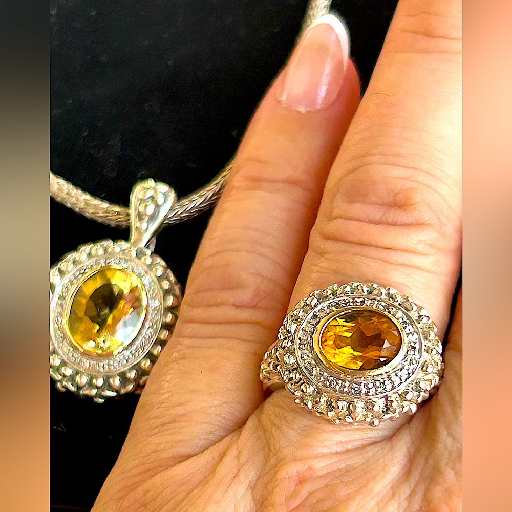 Vintage Samuel B.(Benham)Necklace & Ring Citrine&Diamonds set in 925 & 14K Gold - Picture 3 of 17
